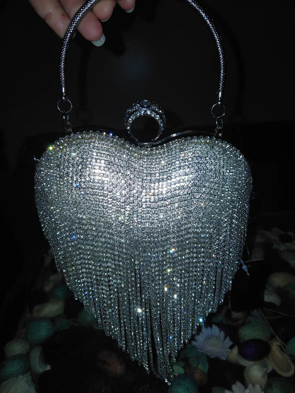 Natasha Couture Silver Crystal Heart Clutch with Fringe